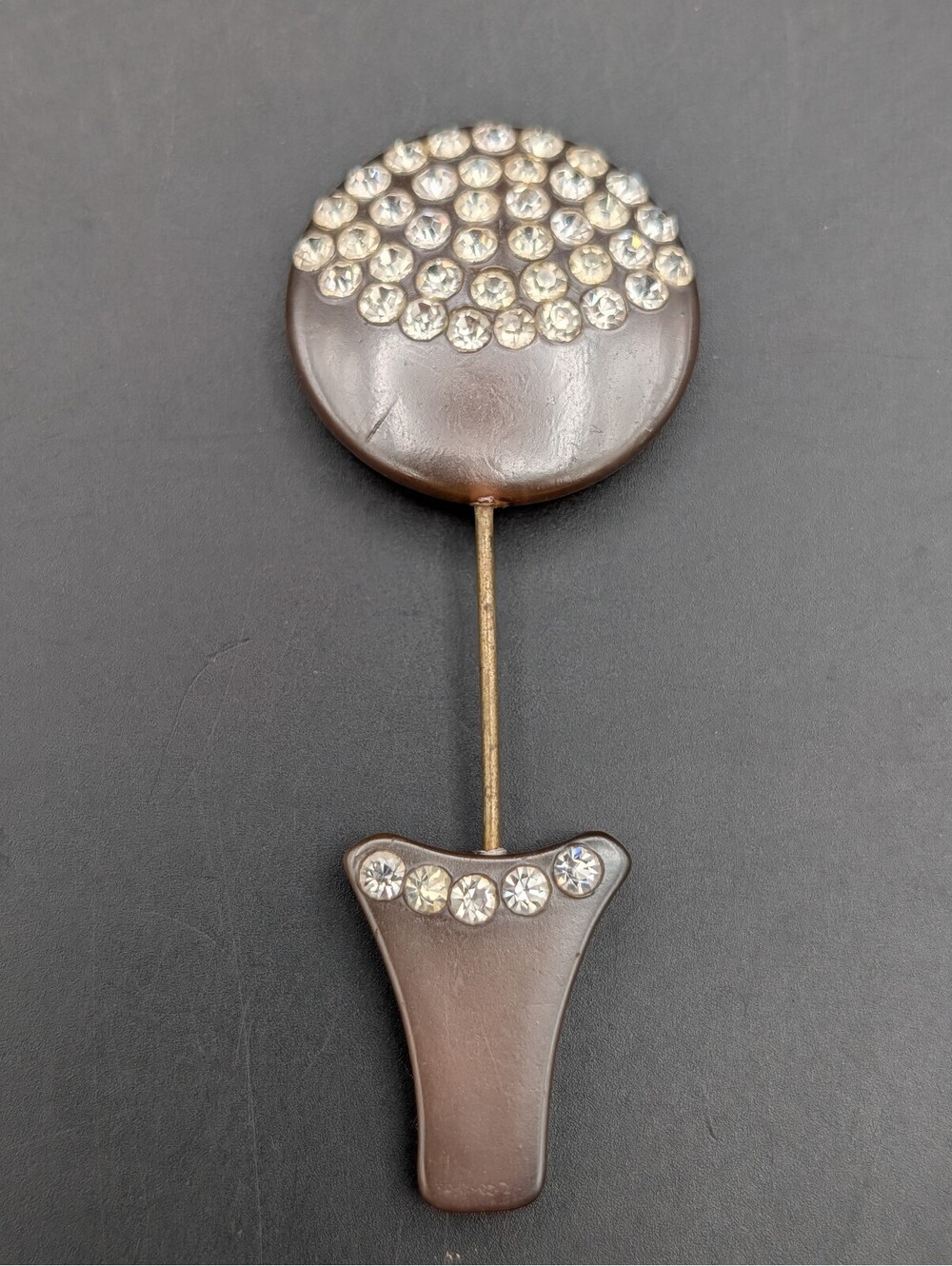 Art Deco Bakelite Rhinestone Jabot Pin Vintage Carved Resin Hat Pin Dress Clip